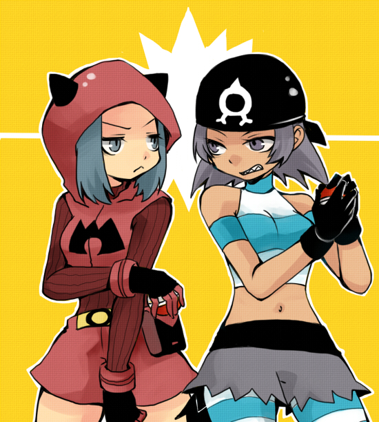 2girls bandana black_bandana closed_mouth grey_eyes grey_skirt holding holding_poke_ball hood hood_up looking_at_another midriff multiple_girls navel nintendo poke_ball poke_ball_(basic) pokemon pokemon_oras red_skirt sharp_teeth short_hair skirt team_aqua_grunt team_aqua_grunt_(female) team_magma_grunt teeth yellow_background yoya_torisan