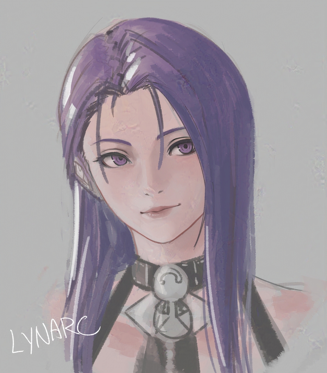 1girl alternate_hairstyle artist_name bare_shoulders choker collarbone fire_emblem fire_emblem:_three_houses grey_background highres long_hair lynarc nintendo portrait purple_eyes shamir_nevrand simple_background smile solo