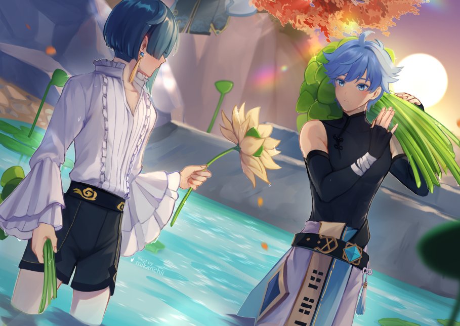 2boys ahoge arm_up artist_name bandaged_arm bandages belt black_belt black_gloves black_shirt blue_eyes blue_hair blue_shorts blurry blurry_foreground blush center_frills chongyun_(genshin_impact) closed_mouth colored_eyelashes commentary earrings elbow_gloves english_commentary evening fingerless_gloves flower frilled_shirt_collar frilled_sleeves frills genshin_impact gloves gradient_sky hair_between_eyes hand_up holding holding_flower jewelry long_sleeves looking_at_another looking_to_the_side lotus lotus_leaf lotus_pod male_focus mikanchii multiple_boys outdoors pants shirt short_hair short_shorts shorts single_earring sky sleeveless sleeveless_shirt standing sun sunset tassel tassel_earrings tree vision_(genshin_impact) wading water white_pants white_shirt wide_sleeves xingqiu_(genshin_impact) yellow_flower