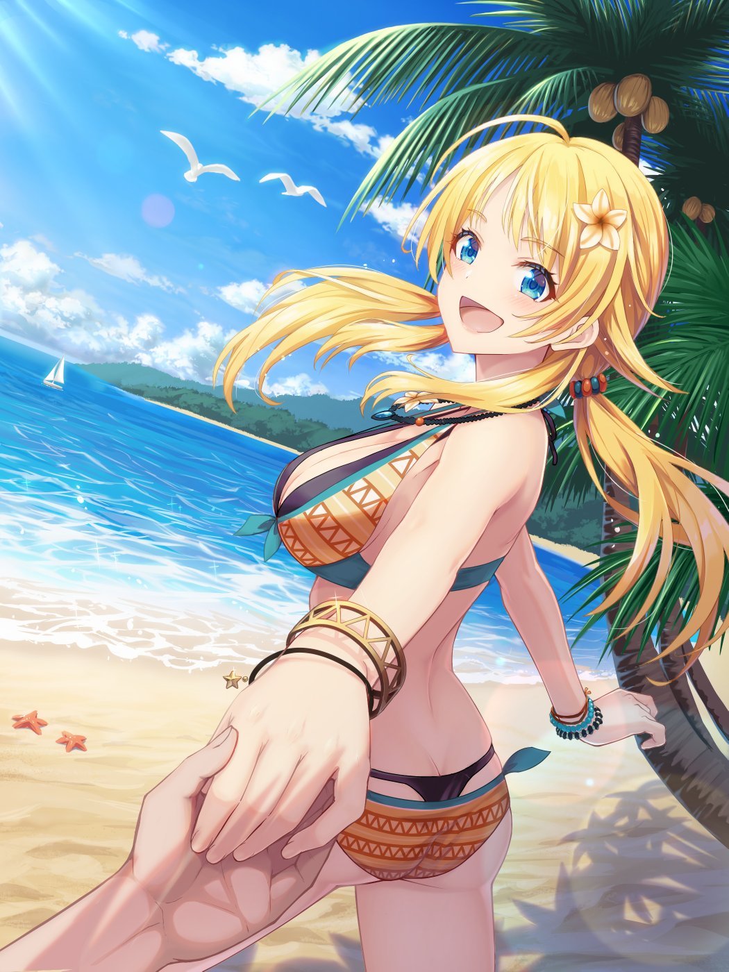 1girl :d ahoge ass beach bead_bracelet beads bikini blonde_hair blue_eyes blue_sky bracelet breasts butt_crack cleavage cloud commentary_request day flower hachimiya_meguru hair_flower hair_ornament highres holding_hands idolmaster idolmaster_shiny_colors jewelry large_breasts long_hair looking_at_viewer macha0331 multicolored_bikini ocean open_mouth orange_bikini outdoors palm_tree sand sky smile solo_focus swimsuit tree whale_tail_(clothing)