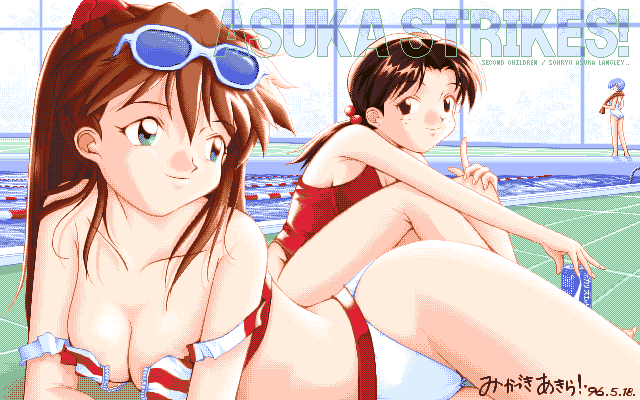 ! 1990s 1990s_(style) 1996 3girls armpits ayanami_rei bikini blue_eyes blue_hair breasts brown_eyes brown_hair can cleavage collarbone dithering drink_can english_text eyebrows female_focus freckles hair_between_eyes happy holding holding_can horaki_hikari indoors japanese_text large_breasts looking_at_another looking_back lying multiple_girls neon_genesis_evangelion one-piece_swimsuit untied_bikini open_clothes pixel_art pool poolside red_bikini retro_artstyle shiny_skin signature sitting smile soda_can source_request souryuu_asuka_langley sunglasses_on_head swimsuit white_bikini wide_hips