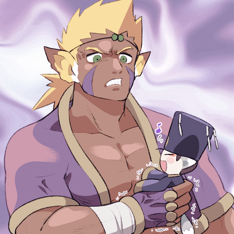 anger_vein animal_ears blonde_hair breath_of_fire breath_of_fire_iv cray_(breath_of_fire) doll facial_mark gloves green_eyes male_focus minashirazu muscular muscular_male musical_note pectorals short_hair yuna_(breath_of_fire)