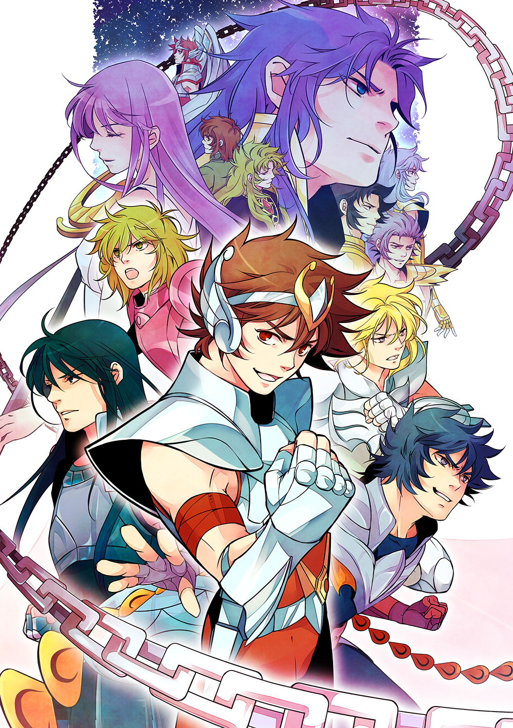 10s 1girl 6+boys androgynous andromeda_shun aquarius_camus aries_shion armor black_hair blonde_hair blue_eyes brown_hair cancer_death_mask capricorn_shura chain clenched_hand closed_eyes cygnus_hyouga dragon_shiryuu gemini_saga green_hair headband highres k2guui kido_saori libra_douko long_hair multiple_boys open_mouth pegasus_koga pegasus_seiya phoenix_ikki pink_armor purple_hair red_eyes red_hair saint_seiya saint_seiya_omega short_hair staff