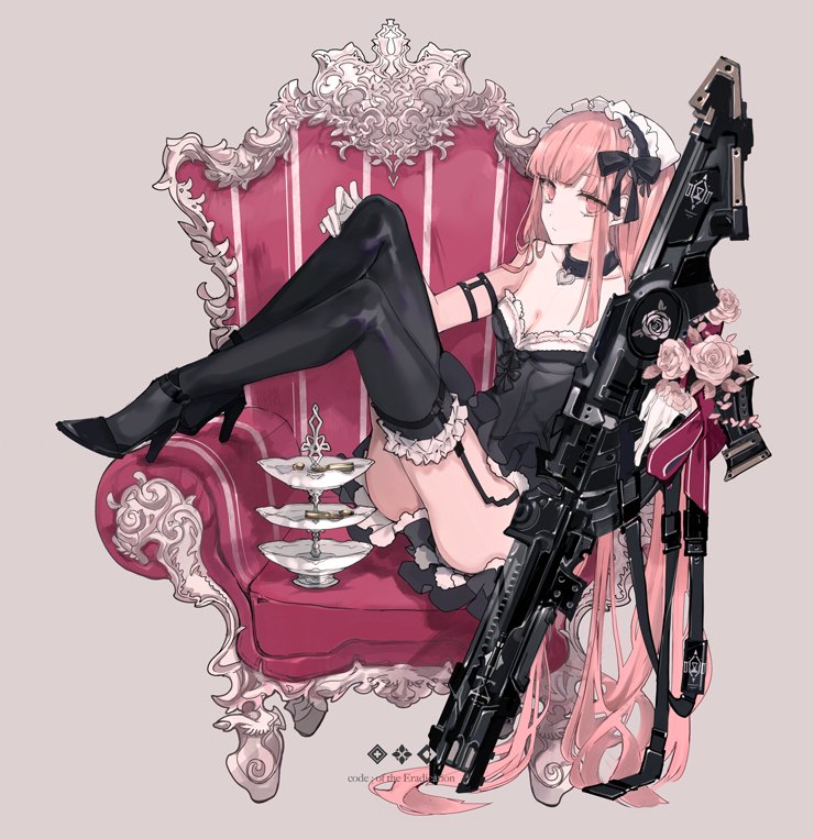 1girl :o assault_rifle bad_id bad_twitter_id black_ribbon chair character_request choker cierra_(ra-bit) corset flower frills full_body garter_straps gloves grey_background gun hair_ribbon heart_pendant high_heels holding holding_weapon long_hair maid_headdress original reclining red_eyes red_hair ribbon rifle rose tea_stand thighhighs very_long_hair weapon white_gloves