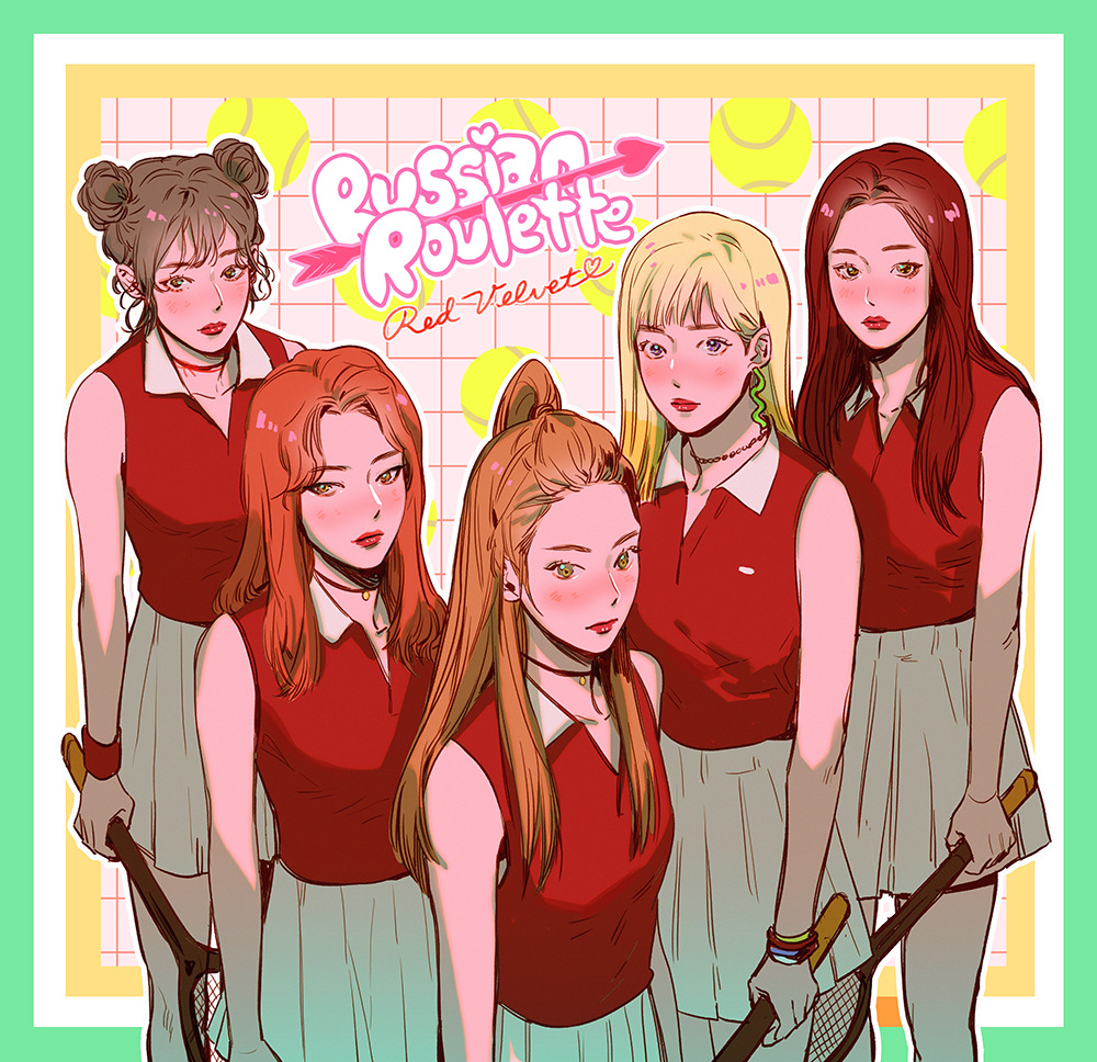 5girls ball blonde_hair blush brown_hair choker commentary copyright_name cowboy_shot double_bun english_commentary hair_bun half_updo holding_tennis_racket irene_(red_velvet) joy_(red_velvet) k-pop looking_at_viewer medium_hair multiple_girls ngop red_hair red_lips red_velvet_(group) seulgi_(red_velvet) shirt skirt sleeveless sleeveless_shirt tennis_ball wendy_(red_velvet) white_skirt yeri_(red_velvet)