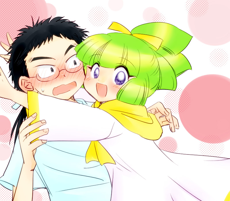 1boy 1girl :d apricot_(pokemon) black_eyes black_hair blunt_bangs blush couple dress glasses green_hair happy hetero kiwotaro looking_at_viewer magical_pokemon_journey medium_hair nintendo open_mouth pokemon purple_eyes shirt smile walnut_(pokemon) white_dress white_shirt