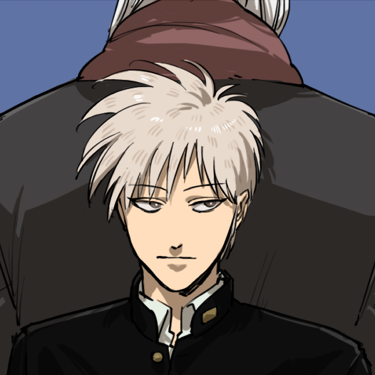 2boys akagi:_yami_ni_oritatta_tensai akagi_shigeru back-to-back black_jacket blue_background brown_eyes closed_mouth collared_shirt commentary_request expressionless fukumoto_mahjong gakuran grey_hair ichikawa_(akagi) jacket looking_to_the_side male_focus multiple_boys school_uniform shirt short_hair simple_background solo_focus upper_body wataroux white_shirt