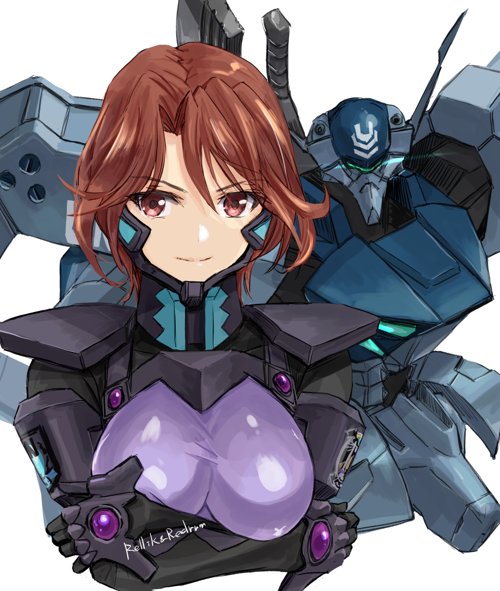 1girl armored_bodysuit artist_name assault_visor bodysuit breasts crossed_arms fortified_suit green_visor highres impossible_bodysuit impossible_clothes isumi_michiru jun_(rellik_&amp;_redrum) looking_at_viewer mecha mecha_pilot_suit medium_breasts muv-luv muv-luv_alternative purple_bodysuit red_eyes red_hair robot science_fiction short_hair skin_tight smile solo sword tactical_surface_fighter type_94_shiranui weapon
