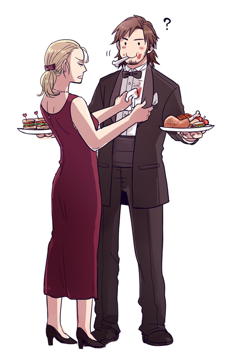 1boy 1girl 50yen_(gojiue) ? blonde_hair brown_hair dress food formal_clothes meat metal_gear_(series) metal_gear_solid_3:_snake_eater naked_snake plate sandwich suit the_boss tuxedo