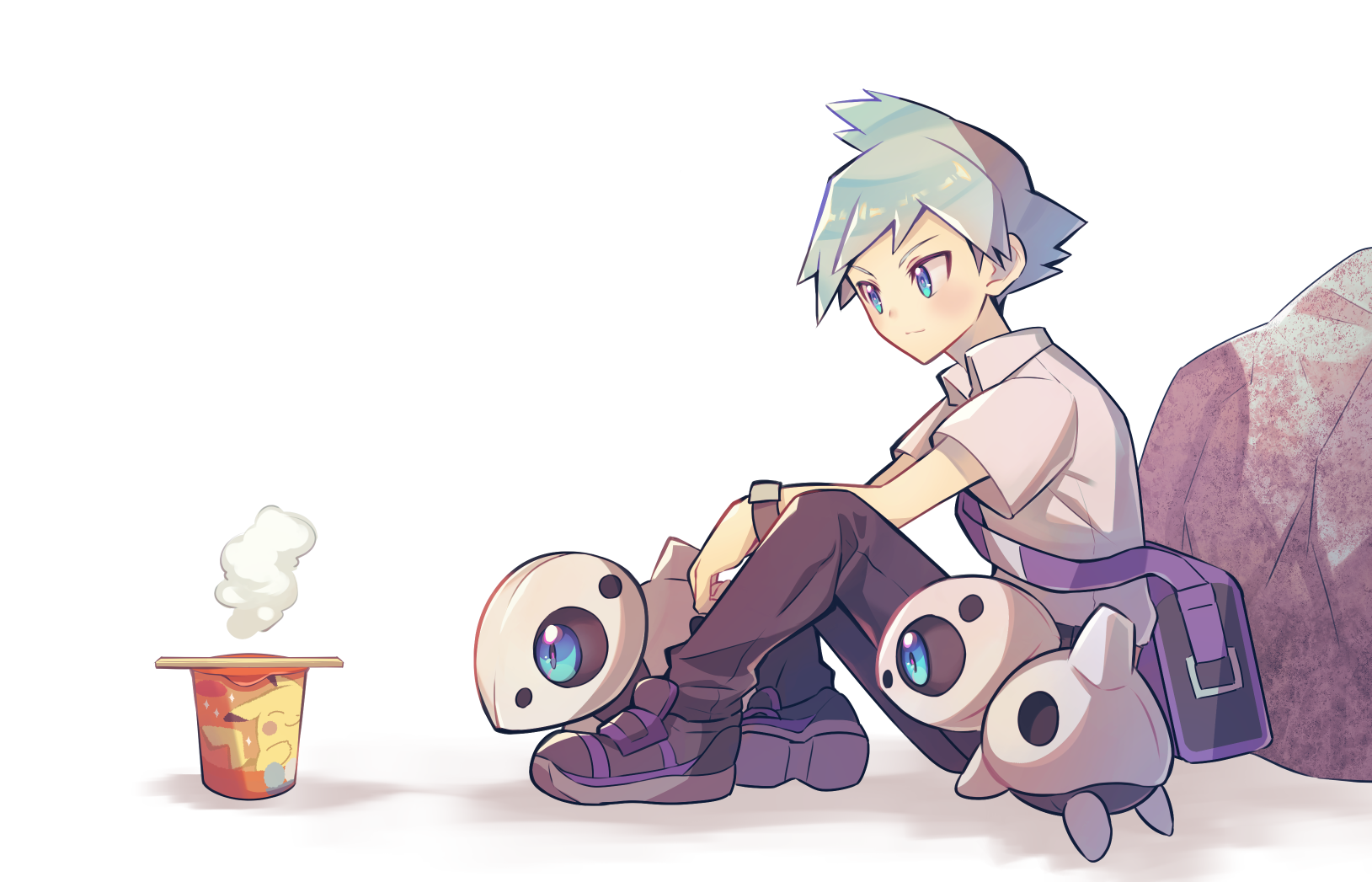 1boy aged_down aqua_eyes aron blush closed_mouth collared_shirt commentary_request game_freak gen_3_pokemon highres looking_down male_focus nintendo pants pokemon pokemon_(creature) pokemon_rse purple_bag rock shirt shoes short_hair short_sleeves sitting steam steven_stone zeroki_(izuno)