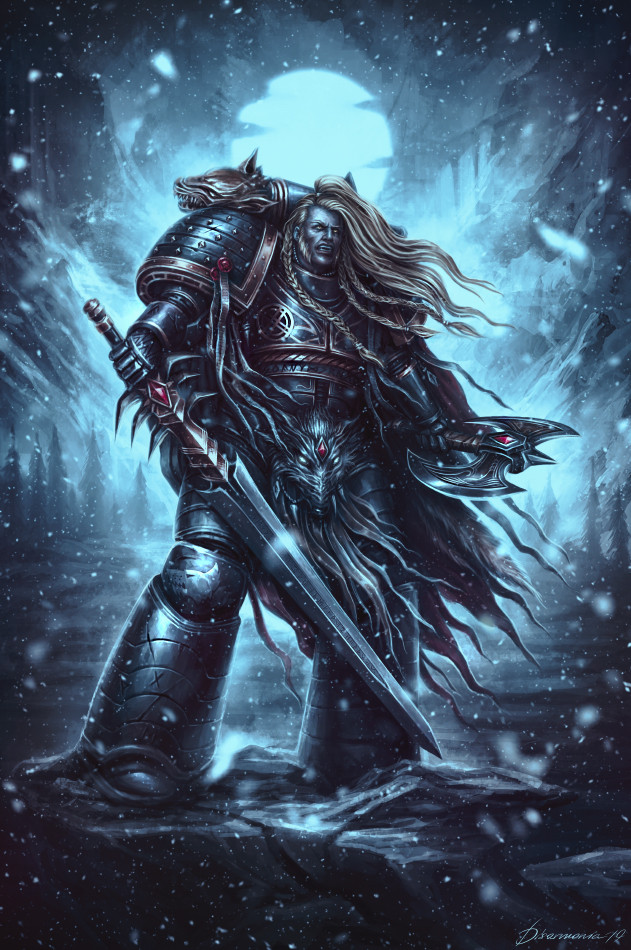 1boy armor artist_name axe blonde_hair blue_eyes braid cape commentary dual_wielding english_commentary full_armor full_body gem helwinter holding jewelry leman_russ long_hair mjalnar open_mouth ornate_axe pauldrons pelt pelvic_curtain ponytail portrait power_armor primarch purity_seal red_gemstone shoulder_armor signature solo sword teeth veronica_anrathi warhammer_40k weapon