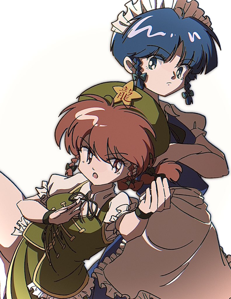 2girls alternate_hairstyle bare_legs blue_hair cosplay crossed_arms fighting_stance hat hong_meiling hong_meiling_(cosplay) izayoi_sakuya izayoi_sakuya_(cosplay) luuxiriver maid maid_headdress multiple_girls ranma-chan ranma_1/2 red_hair saotome_ranma tendou_akane touhou