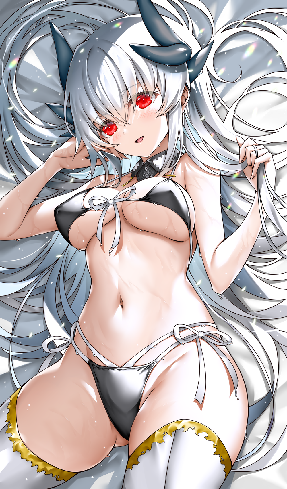 1girl bikini black_bikini blush breasts cowboy_shot dragon_horns fate/grand_order fate_(series) highres holding holding_own_hair horns kiyohime_(fate) kiyohime_(fate/grand_order) kiyohime_(swimsuit_lancer)_(fate) kiyohime_(swimsuit_lancer)_(first_ascension)_(fate) kiyohime_(third_ascension)_(fate) large_breasts long_hair looking_at_viewer lying morizono_shiki navel on_back parted_lips red_eyes sideboob smile solo swimsuit thighhighs underboob white_hair white_thighhighs