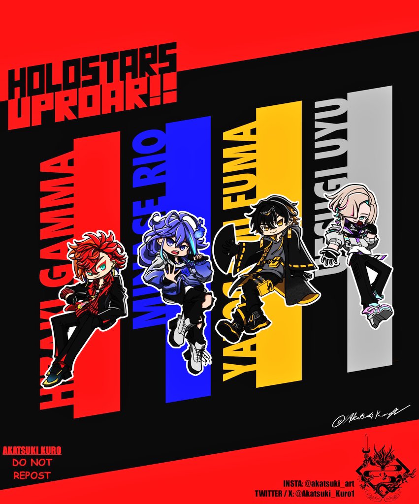 4boys akatsuki_kuro1 ascot belt bobby_pin crossed_bangs ear_chain earrings gradient_clothes gradient_jacket grey_ascot grey_hoodie group_name hair_between_eyes hair_ornament hair_over_one_eye hitodama hizaki_gamma holostars hood hoodie jacket jewelry lightning_bolt lightning_bolt_hair_ornament lightning_bolt_symbol linked_piercing minase_rio mismatched_earrings multicolored_hair multicolored_necktie multiple_boys necktie open_collar pants patterned_hair sandogasa seigaiha shirt skeleton_print streaked_hair striped_clothes striped_shirt torn_clothes torn_pants uproar_(holostars) utsugi_uyu vertical-striped_clothes vertical-striped_shirt virtual_youtuber yatogami_fuma yellow_belt