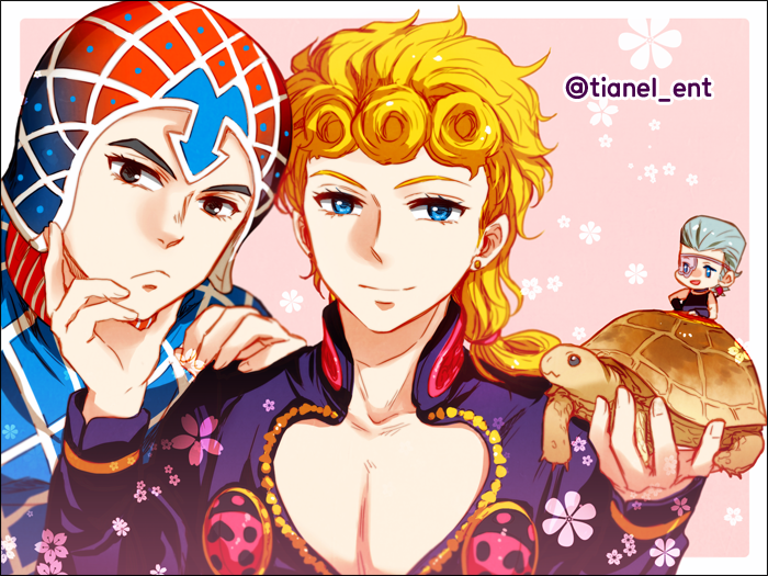 3boys black_eyes blonde_hair blue_eyes braid chibi cleavage_cutout clothing_cutout coco_jumbo eyepatch flattop giorno_giovanna grabbing_another&#039;s_chin grey_hair guido_mista hand_on_another&#039;s_chin hat jean_pierre_polnareff jojo_no_kimyou_na_bouken male_focus mini_person miniboy multiple_boys smirk tianel_ent turtle vento_aureo