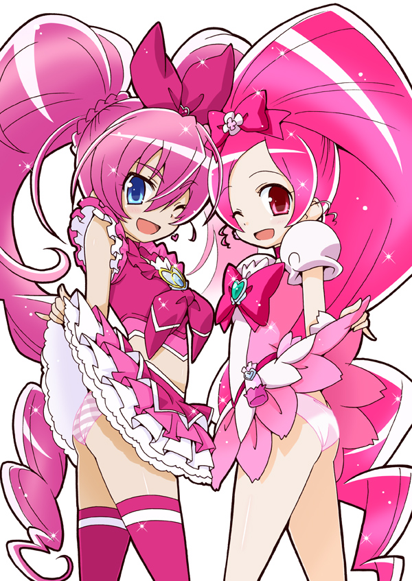 10s 2girls blue_eyes brooch clothes_lift crossover cure_blossom cure_melody hair_ribbon hanasaki_tsubomi heart heart_brooch heartcatch_precure! high_ponytail houjou_hibiki jewelry long_hair magical_girl multiple_girls one_eye_closed open_mouth panties pink_eyes pink_hair pink_theme ponytail precure ribbon simple_background skirt skirt_lift suite_precure thighhighs twintails underwear wink yuuma_(artist) yuuma_(skirthike)