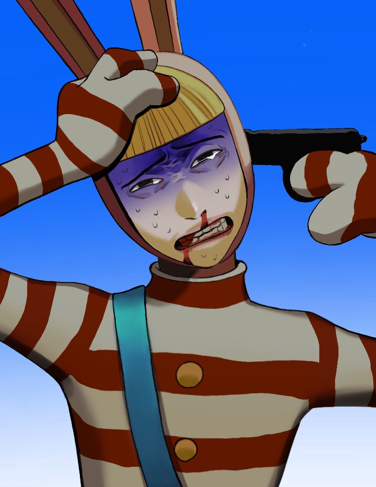 1boy animal_hood black_eyes bleeding blonde_hair blood blue_background blunt_bangs bodysuit buttons clenched_teeth commentary furrowed_brow gradient_background grimace gun gun_to_head half-closed_eyes hand_on_own_head handgun hands_up head_tilt holding holding_gun holding_weapon hood imminent_suicide looking_at_viewer male_focus nervous_sweating nosebleed popee_(popee_the_performer) popee_the_performer rabbit_hood red_bodysuit shoulder_strap solo striped_bodysuit sweat symbol-only_commentary takushi_(taxi739) tearing_up teeth turn_pale upper_body weapon