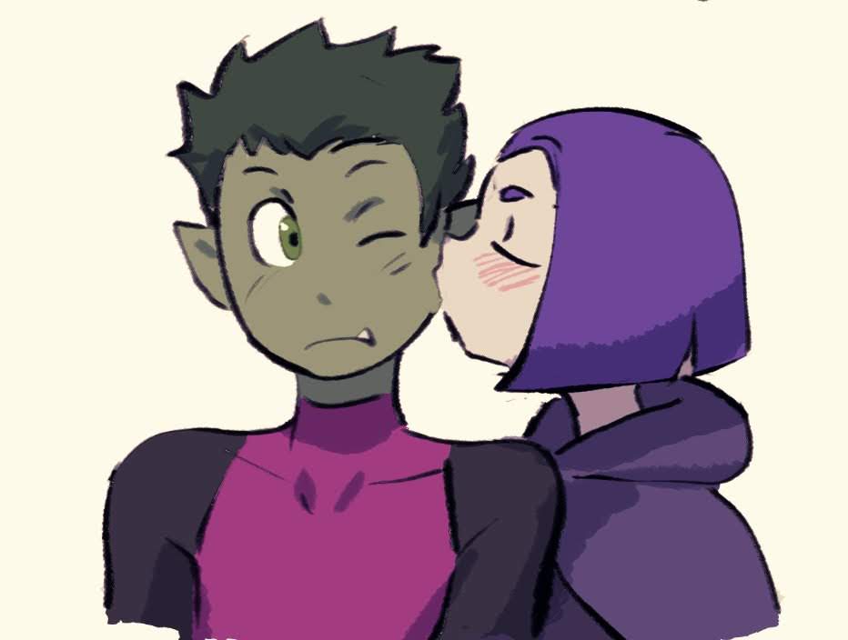 1boy 1girl beast_boy_(dc) blush colored_skin couple dc_comics green_eyes green_hair green_skin kiss pointy_ears purple_hair raven_(dc) surprise_kiss surprised teen_titans