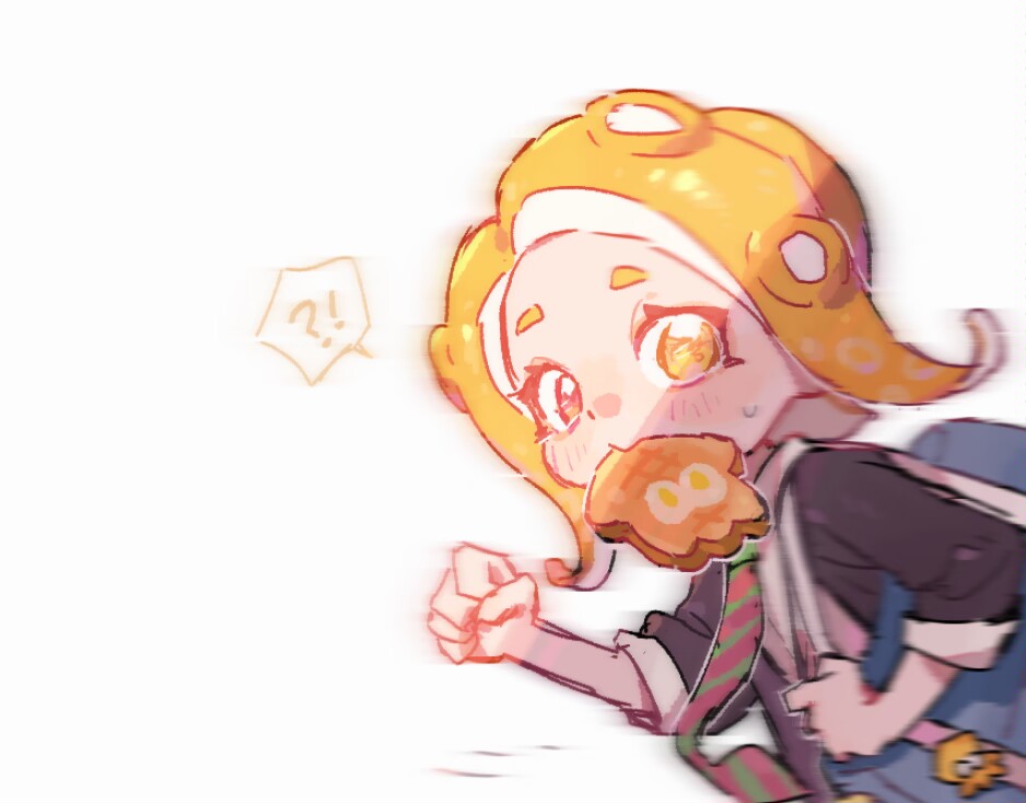 !? 1girl bag bag_charm blonde_hair blush bread bread_slice charm_(object) clenched_hands collared_shirt food food_in_mouth fried_egg fried_egg_on_toast green_necktie grey_jacket jacket late_for_school long_hair looking_at_viewer motion_blur mouth_hold necktie nintendo octoling octoling_girl octoling_player_character open_clothes open_jacket pink_necktie rrreunion4 school_bag school_uniform shirt shoulder_bag simple_background sleeves_rolled_up solo speech_bubble splatoon_(series) splatoon_3 striped_necktie suction_cups sweat tentacle_hair toast toast_in_mouth two-tone_necktie upper_body white_background white_shirt yellow_eyes