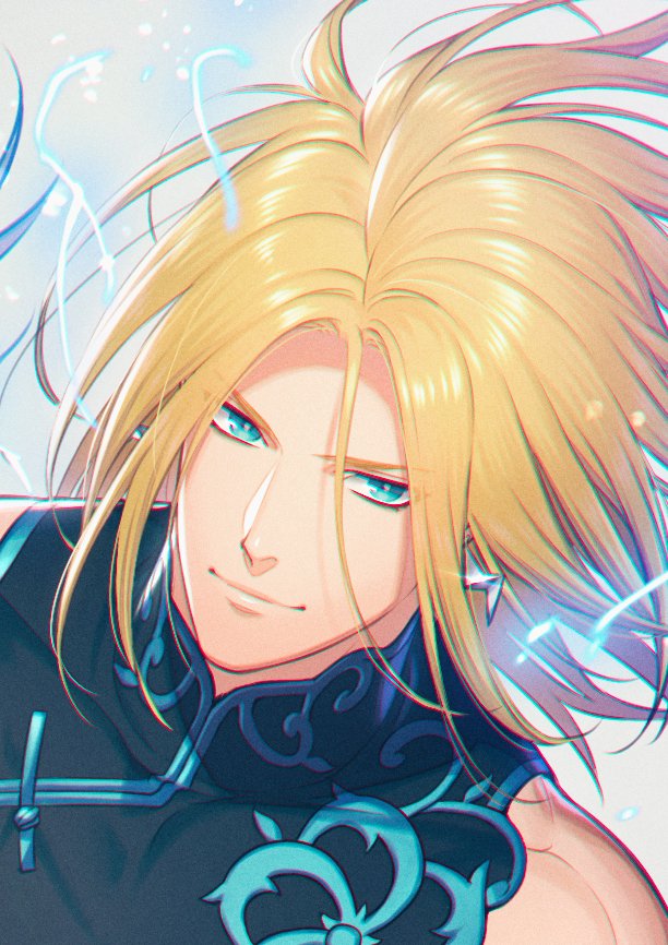 1boy black_shirt blonde_hair blue_eyes earrings electricity jewelry kuren looking_at_viewer male_focus nikaidou_benimaru portrait shirt sleeveless solo the_king_of_fighters