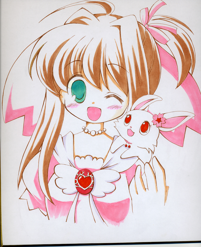 1girl blush jewelpet_(series) jewelpet_twinkle marker_(medium) millipen_(medium) one_eye_closed open_mouth pen_(medium) ruby_(jewelpet) sakura_akari shikishi smile sou_ryuu traditional_media wink