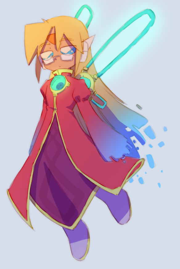 1boy blonde_hair blue_eyes coat cyber_elf_(mega_man) forehead full_body girouette_(mega_man) glasses jiwochin long_hair mechanical_wings mega_man_(series) mega_man_zx red_coat robot_ears semi-rimless_eyewear simple_background solo under-rim_eyewear white_background wings