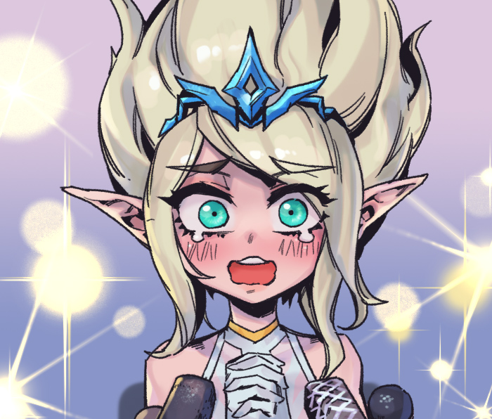1girl bare_shoulders blonde_hair blush commentary english_commentary gradient_background green_eyes interlocked_fingers janna_(league_of_legends) league_of_legends light long_hair looking_at_viewer own_hands_together phantom_ix_row pointy_ears press_conference solo teeth tiara upper_teeth_only