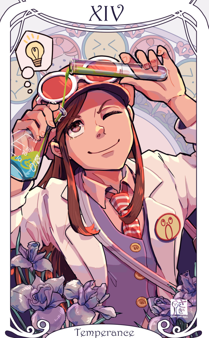 1girl ace_attorney ace_attorney_investigations arms_up brown_eyes brown_hair cabbie_hat card_(medium) coat collared_shirt ema_skye flask flower goggles goggles_on_headwear hat holding holding_flask holding_test_tube horizontal-striped_necktie lab_coat light_bulb long_hair necktie one_eye_closed pink_hat red_necktie saginoko shirt smile solo speech_bubble spoken_light_bulb striped_necktie tarot tarot_(medium) temperance_(tarot) test_tube thought_bubble vest white_coat
