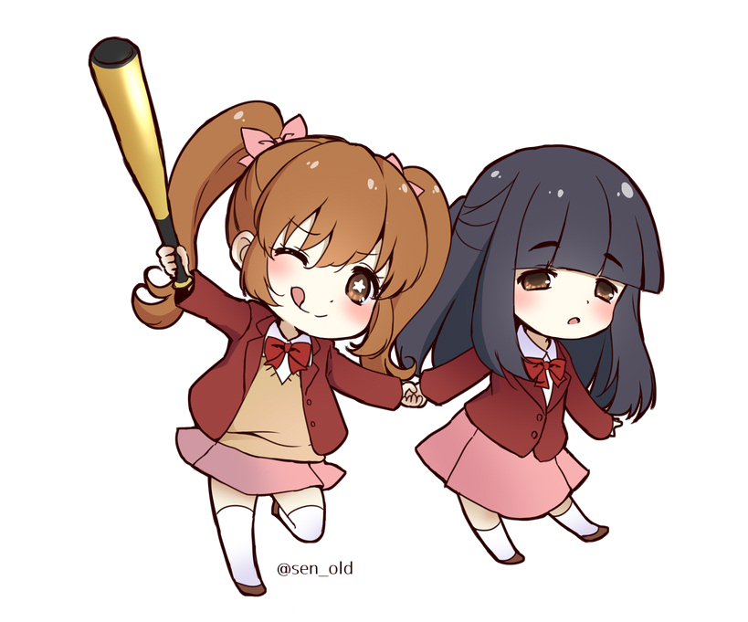 2girls baseball_bat black_hair blazer blunt_bangs bow brown_eyes brown_hair chibi furukawa_misao hair_bow holding_hands jacket medium_hair misao multiple_girls narukami_aki_(female) official_art pleated_skirt school_uniform seeen skirt sweater sweater_vest thighhighs twintails