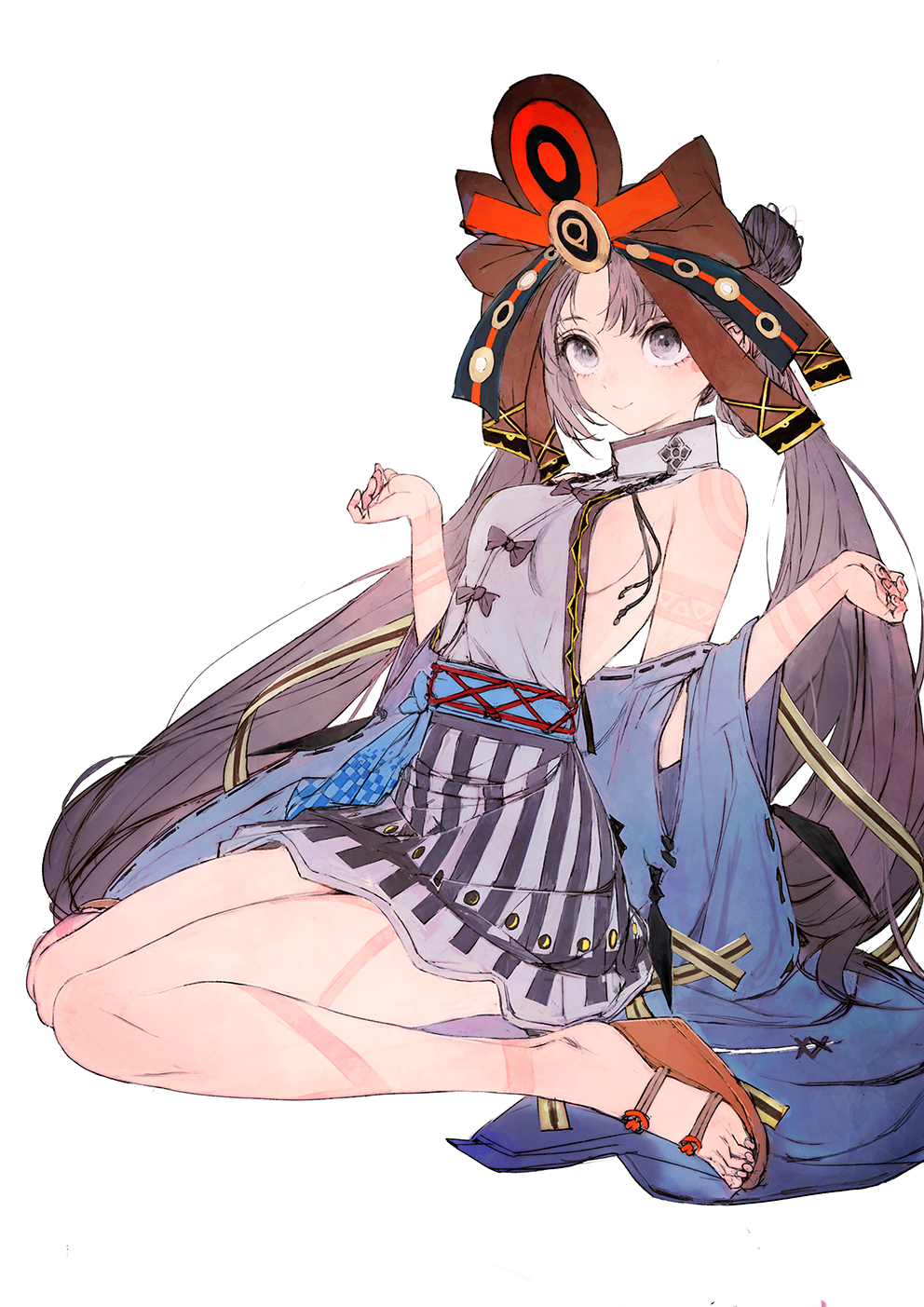 1girl backless_dress backless_outfit bare_legs bare_shoulders belt blush body_markings breasts brown_hair dress fate/grand_order fate_(series) feet grey_dress headpiece highres iyo_(fate) large_breasts legs long_hair looking_at_viewer parted_bangs purple_eyes revision sandals sideboob sitting smile solo toenails toes toi8 twintails very_long_hair