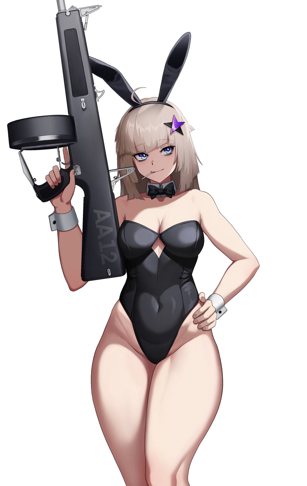 1girl aa-12 aa-12_(girls&#039;_frontline) ahoge animal_ears automatic_shotgun bags_under_eyes black_leotard blonde_hair blue_eyes breasts candy cero_(last2stage) cleavage combat_shotgun commission covered_navel detached_collar drum_magazine fake_animal_ears food food_in_mouth girls&#039;_frontline gun hair_ornament hand_on_own_hip hand_up high-capacity_magazine highres holding holding_weapon leotard lollipop long_hair magazine_(weapon) medium_breasts playboy_bunny rabbit_ears revision shotgun smile solo star_(symbol) star_hair_ornament thick_thighs thighs trigger_discipline weapon