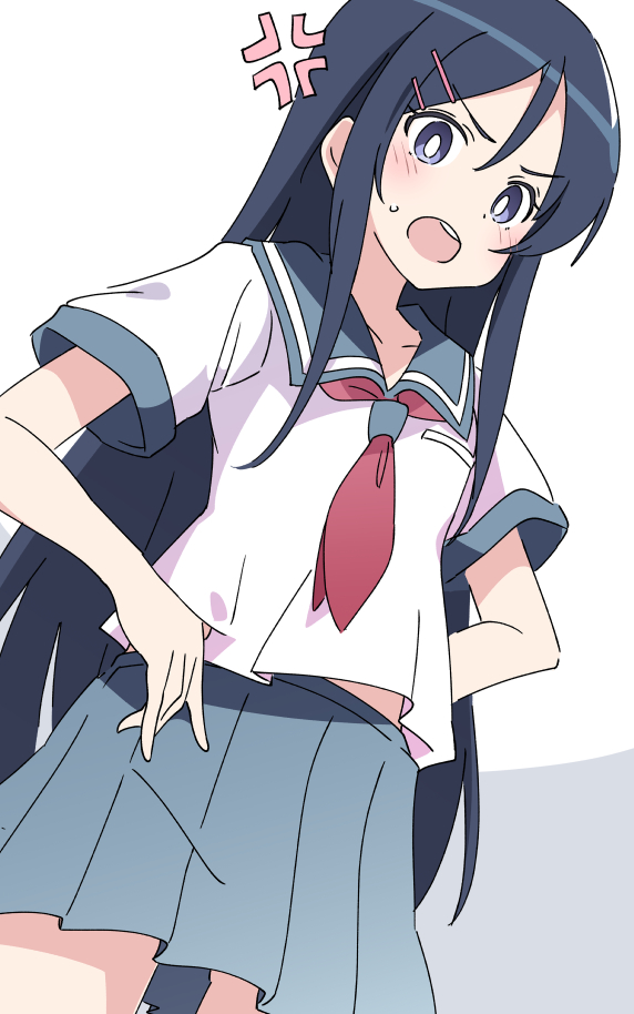 1girl anger_vein aragaki_ayase blue_eyes blue_hair blue_sailor_collar blue_skirt hands_on_own_hips ixy kousaka_kirino&#039;s_school_uniform looking_at_viewer neckerchief open_mouth ore_no_imouto_ga_konna_ni_kawaii_wake_ga_nai pleated_skirt red_neckerchief sailor_collar school_uniform serafuku short_sleeves skirt solo