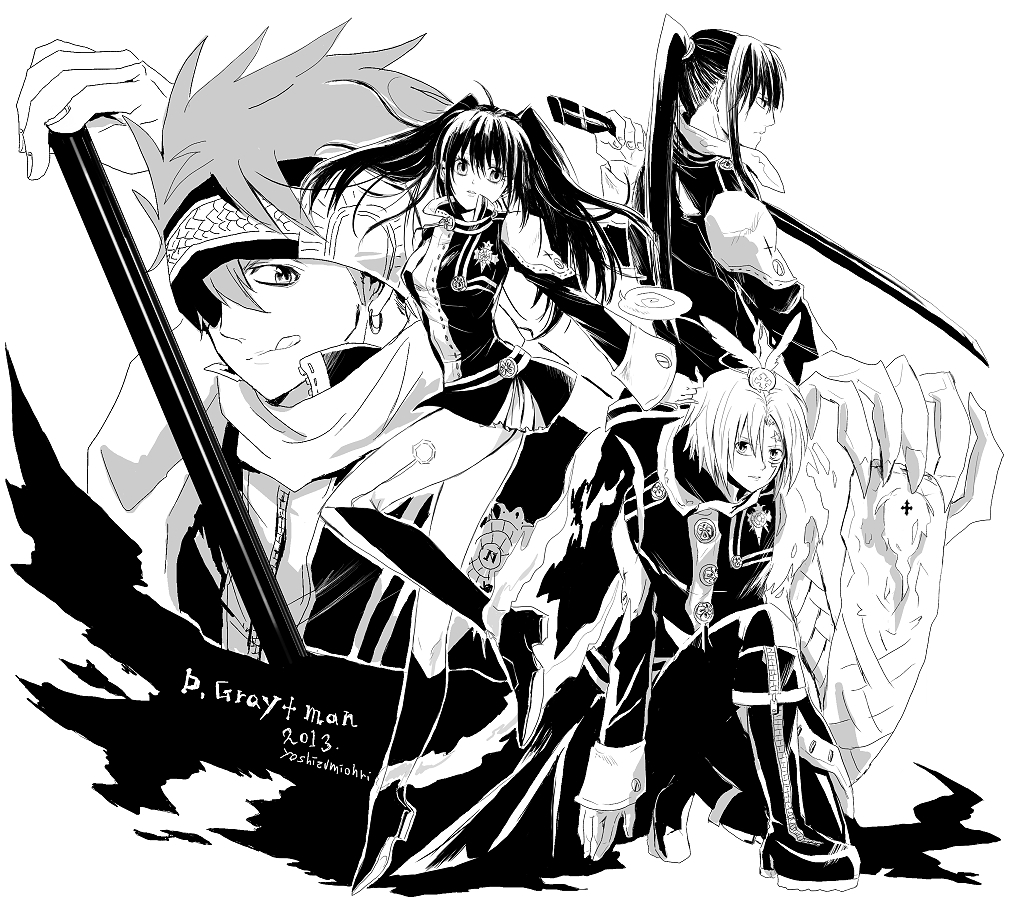 1girl 3boys allen_walker belt black_footwear black_hair black_jacket black_order_uniform black_skirt boots d.gray-man earrings eyepatch giant_hand greyscale hammer headband high_ponytail holding holding_hammer holding_sword holding_weapon jacket jewelry kanda_yuu katana lavi legs lenalee_lee long_hair looking_at_viewer miniskirt monochrome multiple_boys ponytail scarf skirt sword thighs timcanpy tongue twintails usadapan1005 weapon white_hair
