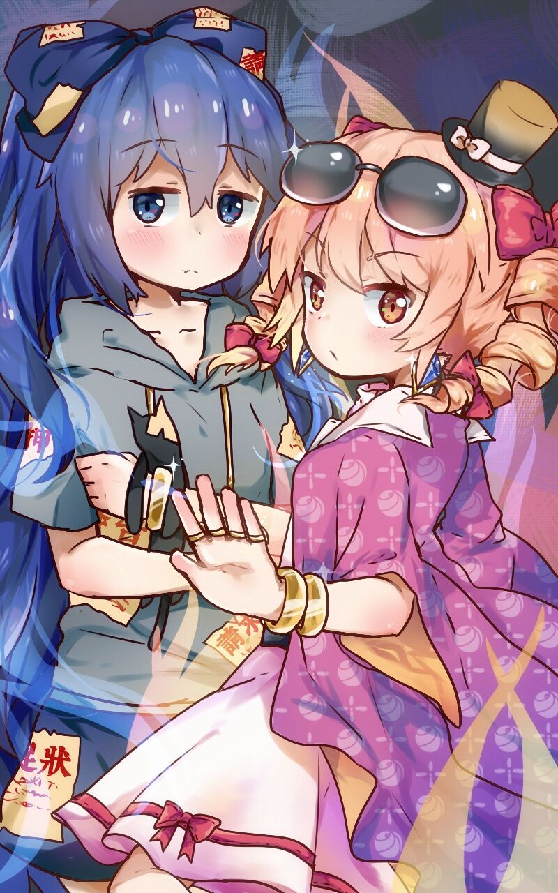 2girls antinomy_of_common_flowers bangle blue_bow blue_hair blue_skirt bow bracelet coat commentary_request debt dress drill_hair earrings eyewear_on_head floral_print gold grey_hoodie hair_bow hair_ribbon hat hat_bow high_collar highres hood hoodie jacket jewelry light_brown_hair long_hair long_sleeves mini_hat mini_top_hat miniskirt multiple_girls orange_eyes plug_(feng-yushu) purple_coat purple_jacket red_bow ribbon ring round_eyewear skirt stuffed_animal stuffed_cat stuffed_toy sunglasses top_hat touhou twin_drills very_long_hair white_dress wide_sleeves yorigami_jo&#039;on yorigami_shion