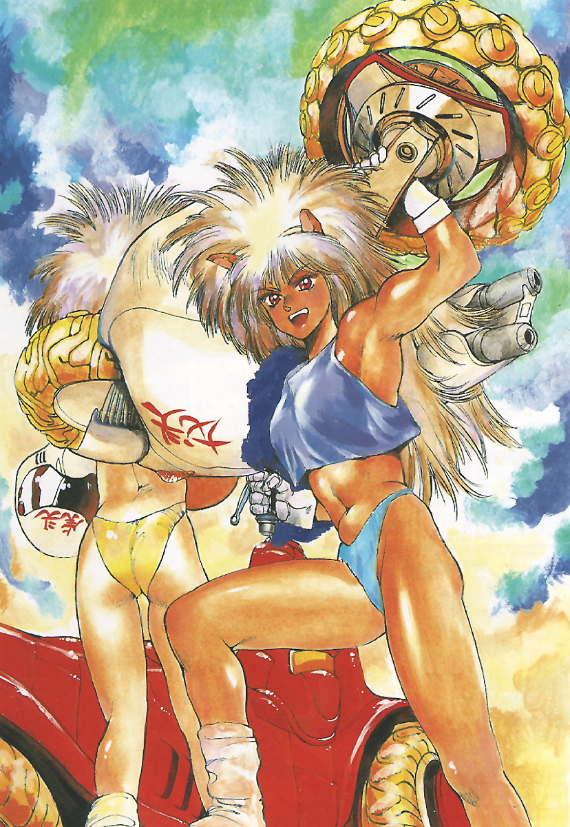2girls :d android animal_ears annapuma armpits ass back biceps big_hair bikini bikini_bottom_only blonde_hair car carrying cat_ears cloud crop_top day dominion_(manga) dominion_tank_police from_behind gloves helmet highres long_hair looking_at_viewer loose_socks midriff motor_vehicle motorcycle motorcycle_helmet multiple_girls muscular muscular_female open_mouth outdoors red_eyes shirou_masamune siblings sisters sky smile socks swimsuit tan tank_top traditional_media twins unipuma white_hair