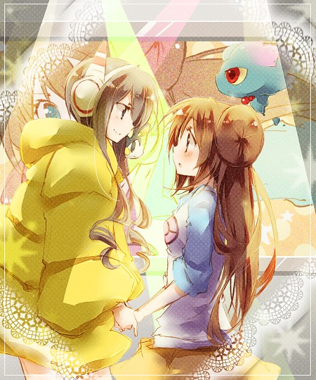 10s 2girls amamiya_kabosu bad_id bad_pixiv_id black_hair blush brown_hair coat double_bun elesa_(pokemon) eye_contact fur_coat gen_2_pokemon gym_leader hair_bun headphones height_difference holding_hands long_hair looking_at_another misdreavus multiple_girls nintendo no_headwear pokemon pokemon_(creature) pokemon_bw2 raglan_sleeves rosa_(pokemon) smile sparkle twintails very_long_hair yuri