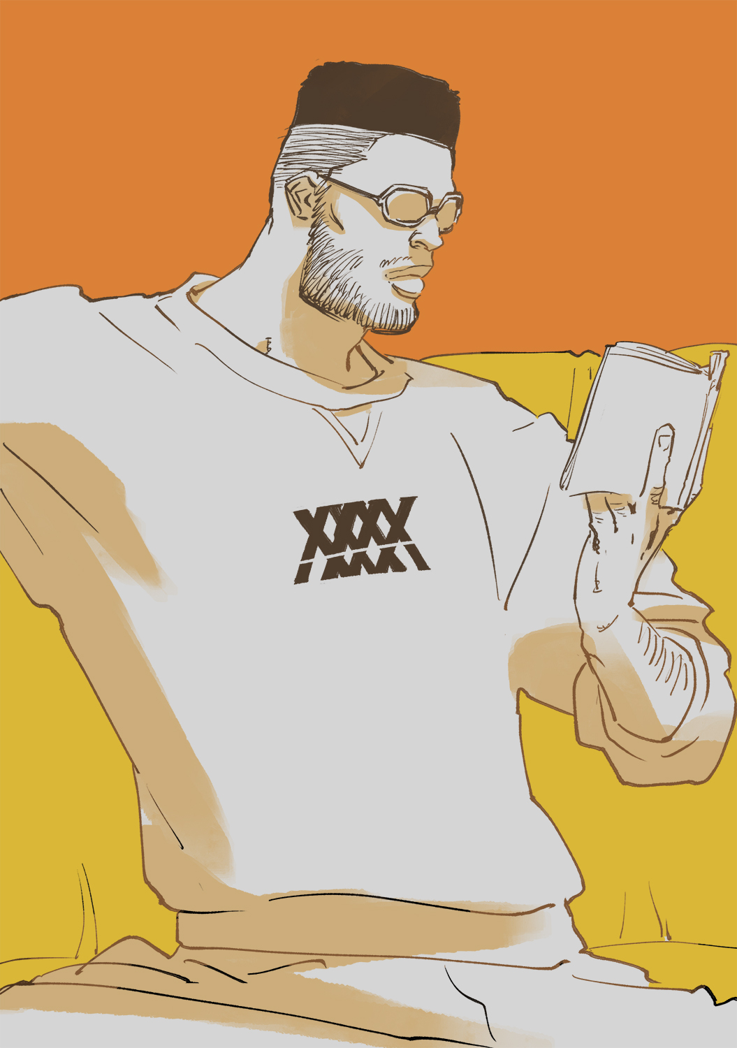 1boy beard_stubble black_hair bleach bleach:_sennen_kessen-hen book facial_hair flattop gori_taketsuna highres holding holding_book kubo_tite male_focus partially_colored reading shirt short_hair sitting solo stubble tinted_eyewear