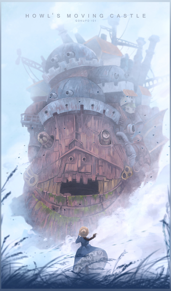1girl artist_name back bird cloud cloudy_sky commentary copyright_name dress english_commentary giant gokupo101 grass hat house howl_no_ugoku_shiro long_dress scenery sky sophie_hatter straw_hat