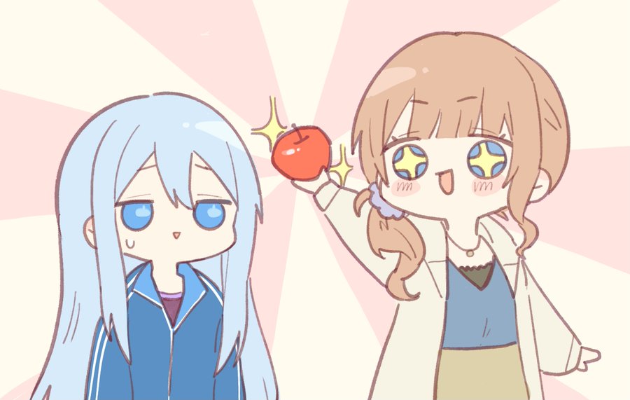 +_+ 132_(bb32768) 2girls apple blue_eyes blue_hair blue_jacket blush cardigan food fruit hair_between_eyes holding holding_food holding_fruit jacket jewelry light_blue_hair mochizuki_honami multiple_girls necklace project_sekai apple star_(symbol) sunburst sunburst_background yoisaki_kanade