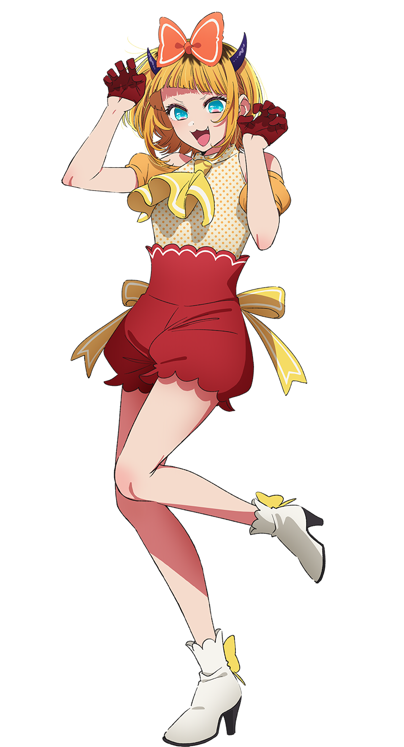 1girl aqua_eyes ascot ascot_between_breasts bare_shoulders blonde_hair boots bow demon_horns detached_sleeves dot_nose dress elbow_blush fake_horns fang female_focus gloves hair_bow highres horns idol idol_clothes knee_blush knee_up legs looking_at_viewer mem-cho multicolored_hair official_art open_mouth orange_bow oshi_no_ko puffy_detached_sleeves puffy_short_sleeves puffy_sleeves purple_horns red_gloves red_shorts ribbon short_hair short_sleeves shorts simple_background smile solo solo_focus standing standing_on_one_leg thighs tongue white_background white_boots yellow_ascot yellow_bow yellow_dress yellow_ribbon yellow_sleeves