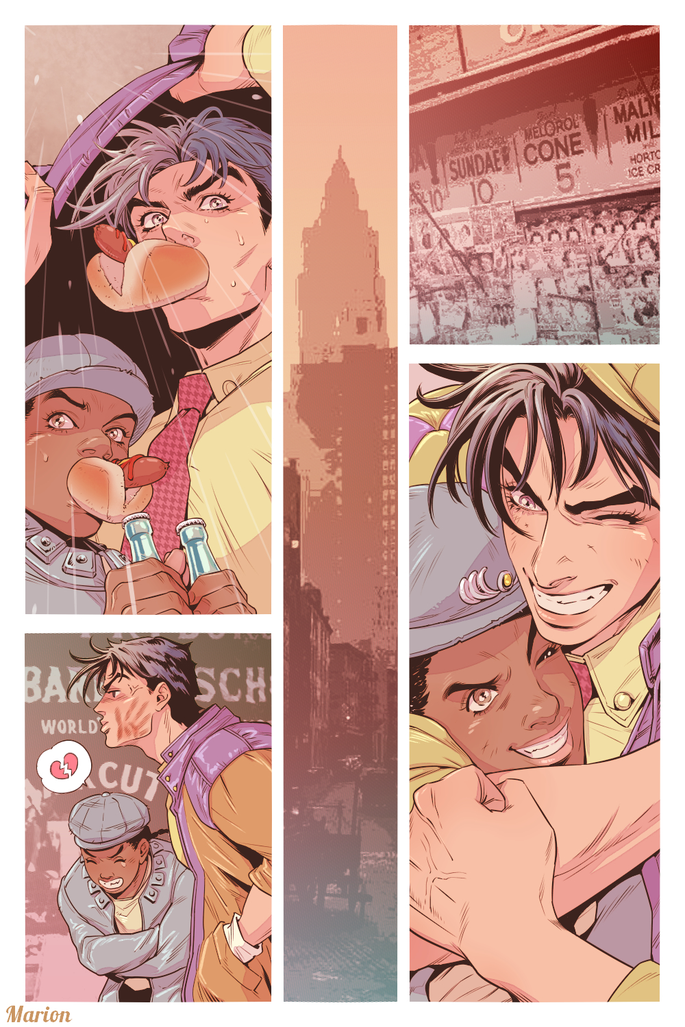 2boys artist_name bad_id bad_pixiv_id battle_tendency black_hair broken_heart building closed_eyes dark-skinned_male dark_skin empire_state_building food_in_mouth grin hands_in_pockets hat heart highres hot_dog hug jojo_no_kimyou_na_bouken joseph_joestar joseph_joestar_(young) male_focus marion-ville multiple_boys one_eye_closed rain slap_mark smile smokey_brown soda_bottle veins