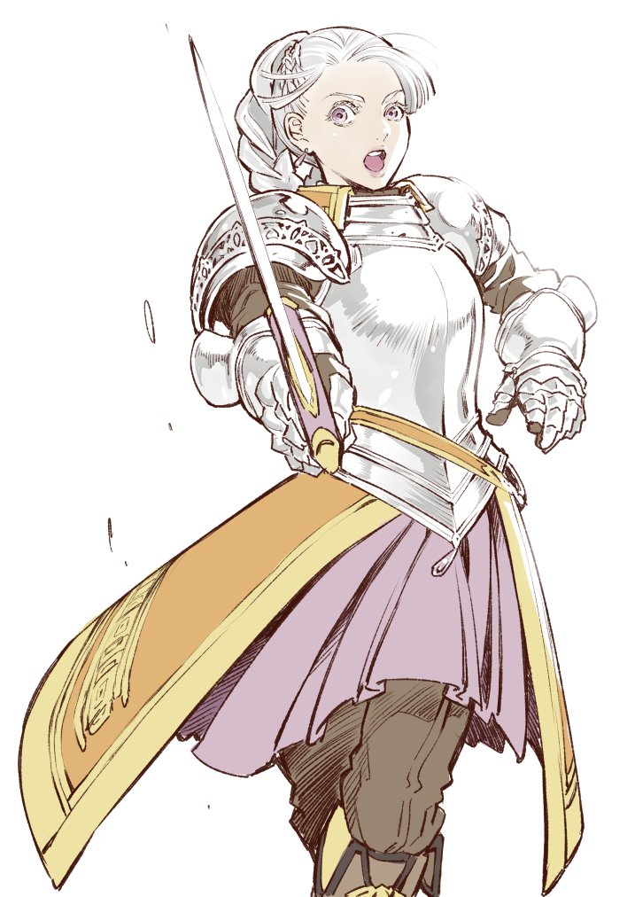 1girl armor braid chris_lightfellow french_braid gensou_suikoden gensou_suikoden_iii gloves looking_at_viewer open_mouth purple_eyes shimizu_aki short_hair silver_hair simple_background solo sword weapon white_background