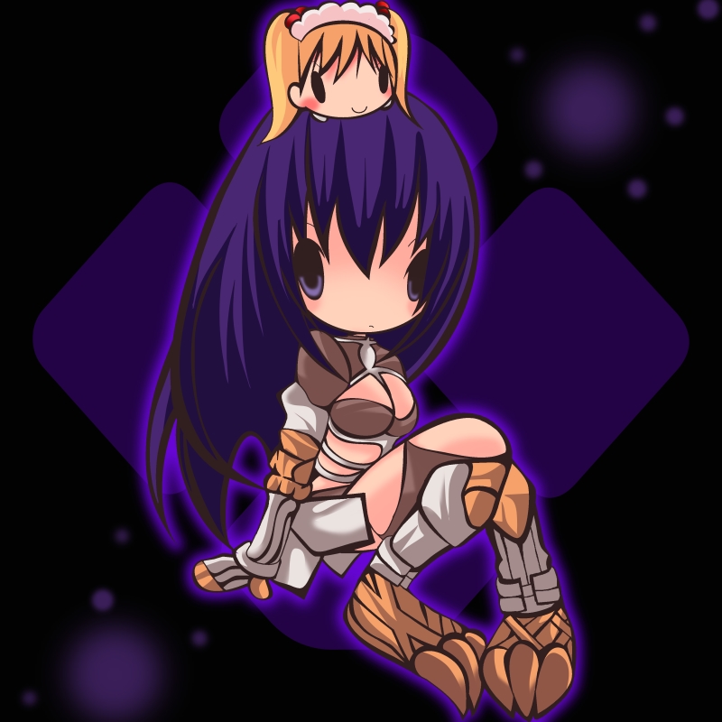 1girl 2000s_(style) armor armored_boots bikini_armor black_background boots breasts character_doll chibi chibi_only cleavage closed_mouth comiket_80 commentary_request curly_sue doll doll_on_head expressionless full_body guillotine_cross_(ragnarok_online) large_breasts long_hair looking_at_viewer purple_eyes purple_hair ragnarok_online shrug_(clothing) sitting solid_oval_eyes solo yu_(lilacxx)
