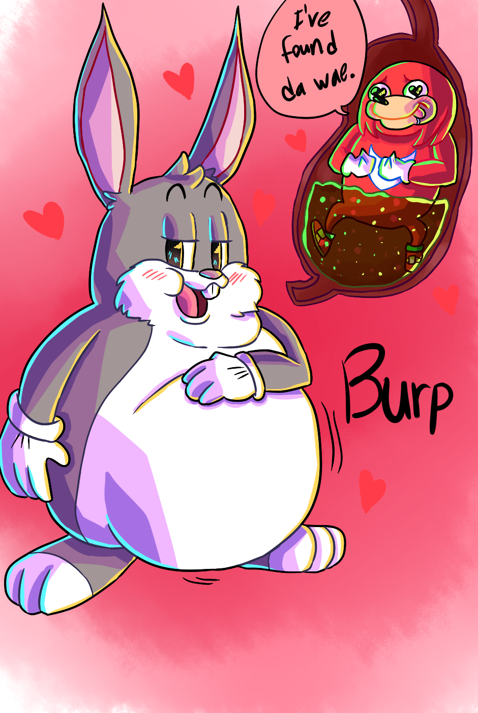 2boys big_chungus blush bobbdablue479 burp fat fat_man heart heart-shaped_pupils highres knuckles_the_echidna licking_lips looking_at_viewer meme multiple_boys open_mouth rabbit smile sonic_(series) symbol-shaped_pupils tongue tongue_out ugandan_knuckles vore