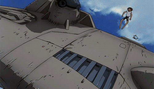 1boy 1girl animated animated_gif blush_stickers cowboy_bebop dark_skin dive edward_wong_hau_pepelu_tivrusky_iv falling lowres midriff outdoors red_hair short_hair