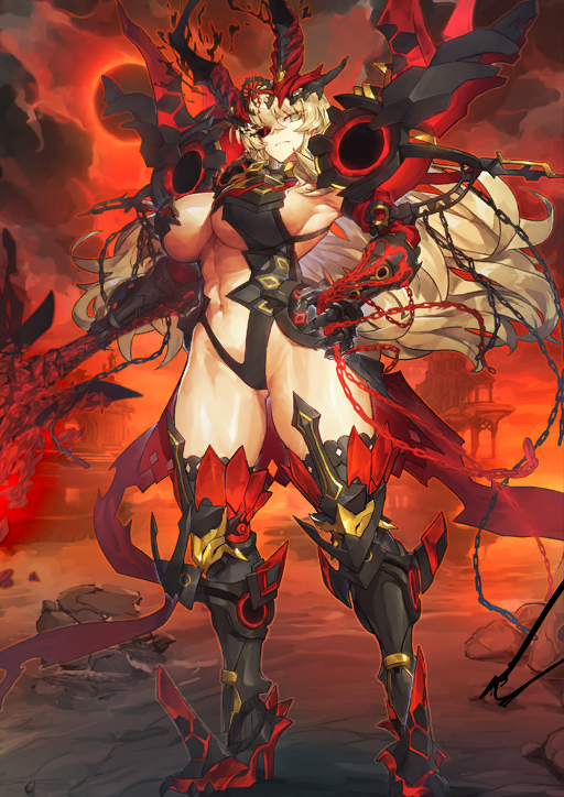 1girl abs armor armored_boots armored_leotard armpits aura barghest_(fate) barghest_(third_ascension)_(fate) bikini_armor black_boots black_gauntlets black_horns black_leotard black_moon black_sclera black_thighhighs blonde_hair blue_eyes boots breasts chain cleavage cleavage_cutout closed_mouth clothing_cutout colored_sclera detached_sleeves eclipse energy exoskeleton expressionless fairy_sword_galatine fate/grand_order fate_(series) fiery_background fiery_horns fire flaming_sword flaming_weapon floating_hair full_body game_cg glowing glowing_chain glowing_eyes glowing_sword glowing_weapon gluteal_fold hair_between_eyes hand_on_own_hip heterochromia high_collar high_heel_boots high_heels highleg highleg_leotard holding holding_sword holding_weapon horns huge_weapon impossible_clothes impossible_leotard large_breasts legs_apart leotard long_hair looking_at_viewer magic melon22 moon muscular muscular_female muscular_legs navel navel_cutout official_art orange_background outstretched_arm red_eyes red_moon red_sky red_sleeves sideboob sky solo standing stomach_cutout sun sword thick_thighs thigh_boots thighhighs thighs third-party_source toned toned_female toned_stomach underboob underboob_cutout variant_set waist_cape weapon