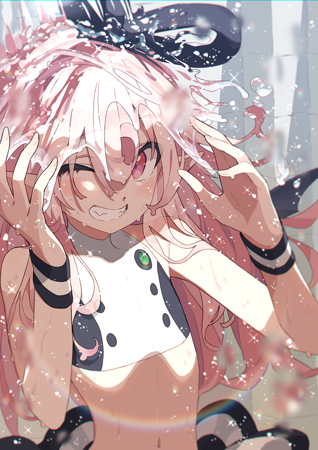 1girl blush hair_ribbon highres long_hair looking_at_viewer narumi_arata navel one_eye_closed original pink_eyes pink_hair rainbow recri_(narumi_arata) ribbon smile solo swimsuit swimsuit_skirt teeth upper_body water water_drop