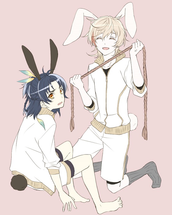 10s 2boys ^_^ animal_ears blonde_hair blue_hair braid rabbit_ears rabbit_tail closed_eyes closed_eyes feather_hair_ornament feathers feather_hair_ornament jacket kneeling male_focus monoyoshi_sadamune multiple_boys open_mouth rope shorts sitting smile taikogane_sadamune tail touken_ranbu track_jacket yamazaki_mitsuko yellow_eyes