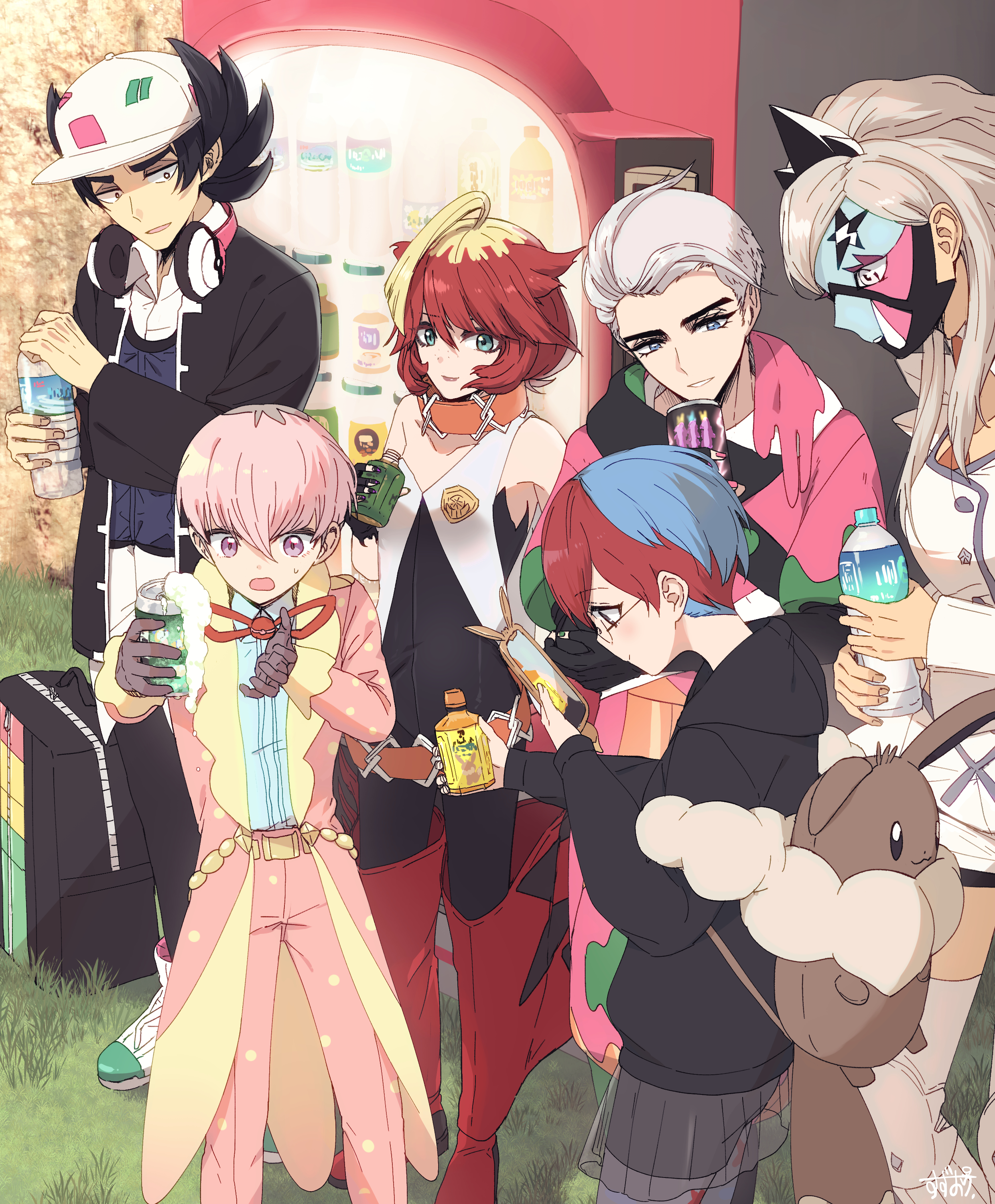 3boys 3girls absurdres ahoge atticus_(pokemon) baseball_cap belt black_bag black_hair black_jacket blonde_hair blue_eyes blue_shirt boots bottle can cellphone commentary_request drink drink_can eevee eevee_backpack eri_(pokemon) eyelashes facepaint gen_1_pokemon gen_4_pokemon giacomo_(pokemon) glasses grass hat headphones headphones_around_neck highres holding holding_bottle holding_can holding_drink holding_phone jacket long_hair mela_(pokemon) mismatched_eyebrows multicolored_hair multiple_boys multiple_girls nintendo open_clothes open_jacket orange_belt ortega_(pokemon) pants penny_(pokemon) phone pink_hair pink_jacket pink_pants pokemon pokemon_sv red_boots red_hair rotom rotom_phone shirt short_hair smartphone suzukinoko1021 team_star two-tone_hair vending_machine very_short_hair water_bottle white_hair white_hat white_pants