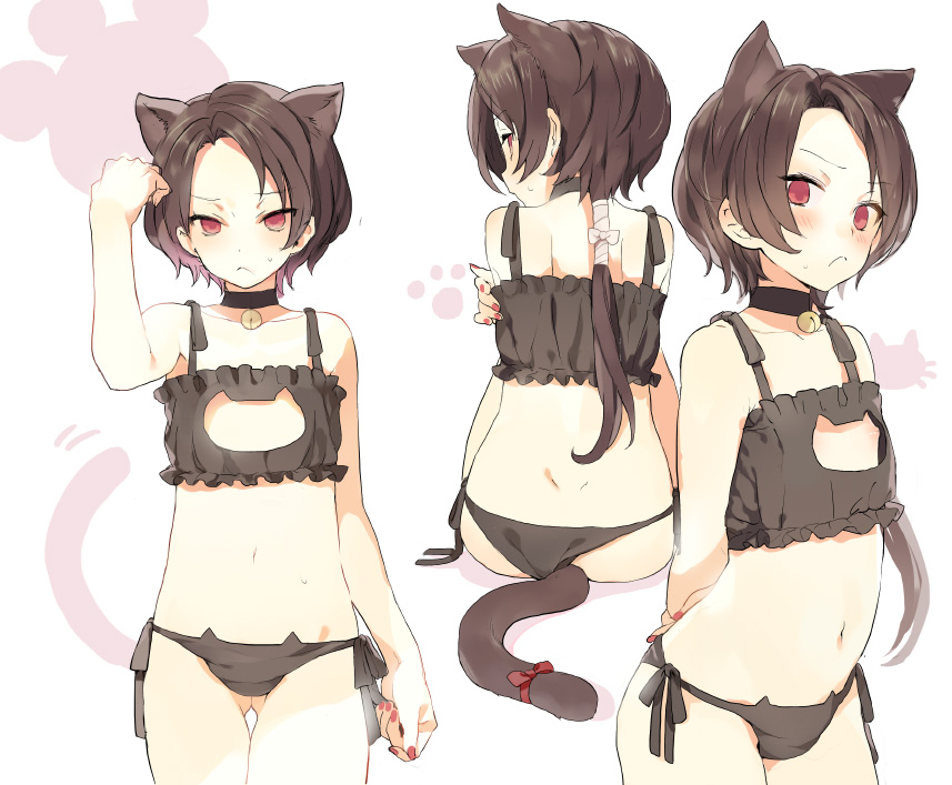 10s 1boy androgynous animal_ears arm_up arms_behind_back back bad_id bad_pixiv_id bare_legs bell blush bra brown_hair cat_boy cat_cutout cat_ear_panties cat_ears cat_lingerie cat_tail choker cleavage_cutout closed_mouth clothing_cutout collarbone cowboy_shot crossdressing embarrassed frilled_bra frills from_behind gluteal_fold ikeya jingle_bell kashuu_kiyomitsu legs lingerie long_hair looking_at_viewer male_focus meme_attire multiple_views nail_polish navel neck_bell nipple_slip nipples panties personification ponytail red_eyes red_nails ribbon side-tie_panties simple_background sweatdrop tail thigh_gap touken_ranbu trap tsurime underwear underwear_only white_background